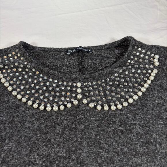 Zara womens gray sweater bejeweled collar detail.  Size L. - Picture 4 of 6